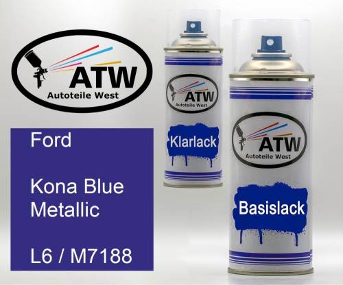 Ford, Kona Blue Metallic, L6 / M7188: 400ml Sprühdose + 400ml Klarlack - Set, von ATW Autoteile West.